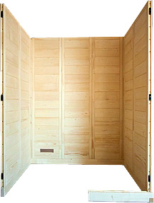 Sauna finlandais en bois massif. Dimensions 144 x 108 cm Hauteur 204 cm.