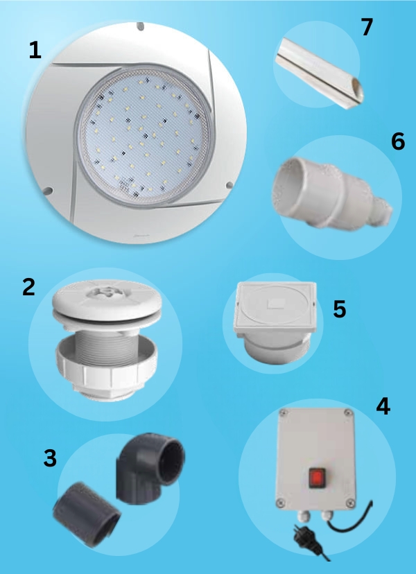 Kit proiettore LED con trasformatore per piscine in cemento da avvitare su bocchetta
