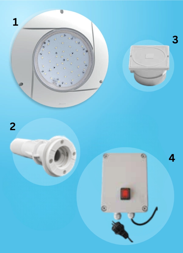 Kit proiettore LED con trasformatore per piscine in cemento da avvitare su bocchetta