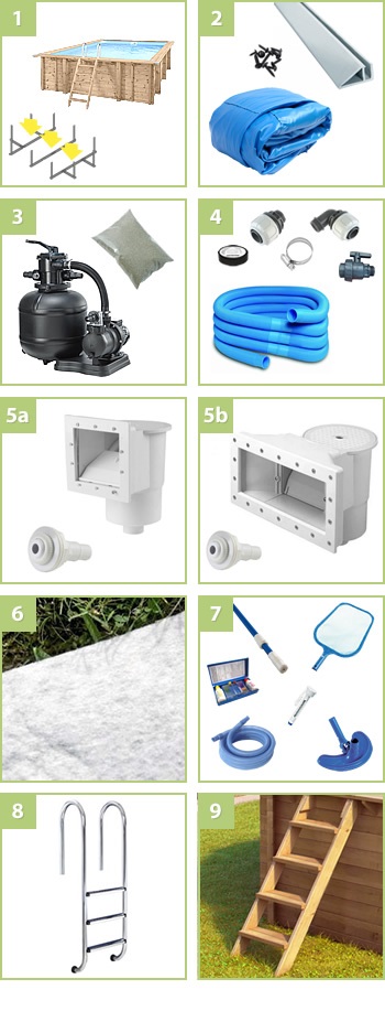 Kit piscina in legno fuori terra da esterno RIVA CARRE 6x4: compreso nel kit - versione Liner azzurro