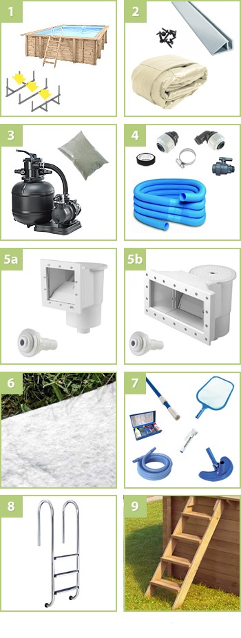 Kit piscina in legno fuori terra da esterno RIVA CARRE 6x4: compreso nel kit - versione Liner azzurro