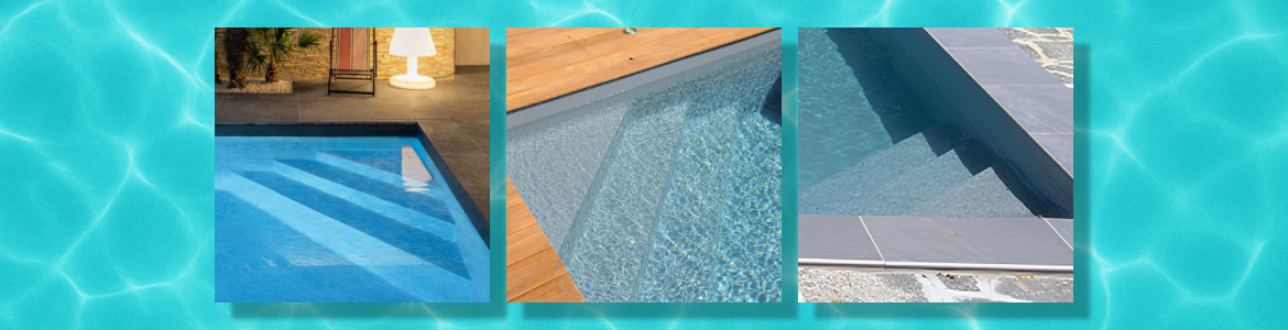 Exemples de piscines hors-sol avec escalier d’angle sous liner installées dans le jardin - 5,50x3,05 m