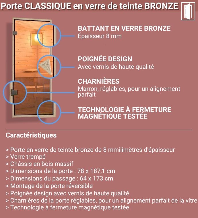 Sauna multifunzione finlandese infrarossi da interno, da casa e da centro benessere Eva: Porta classica in vetro bronzato - dettaglio