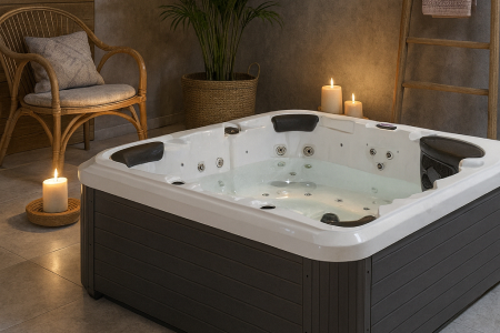 Vasca SPA LEA illuminata da candele in ambiente wellness per un’esperienza di relax completo.